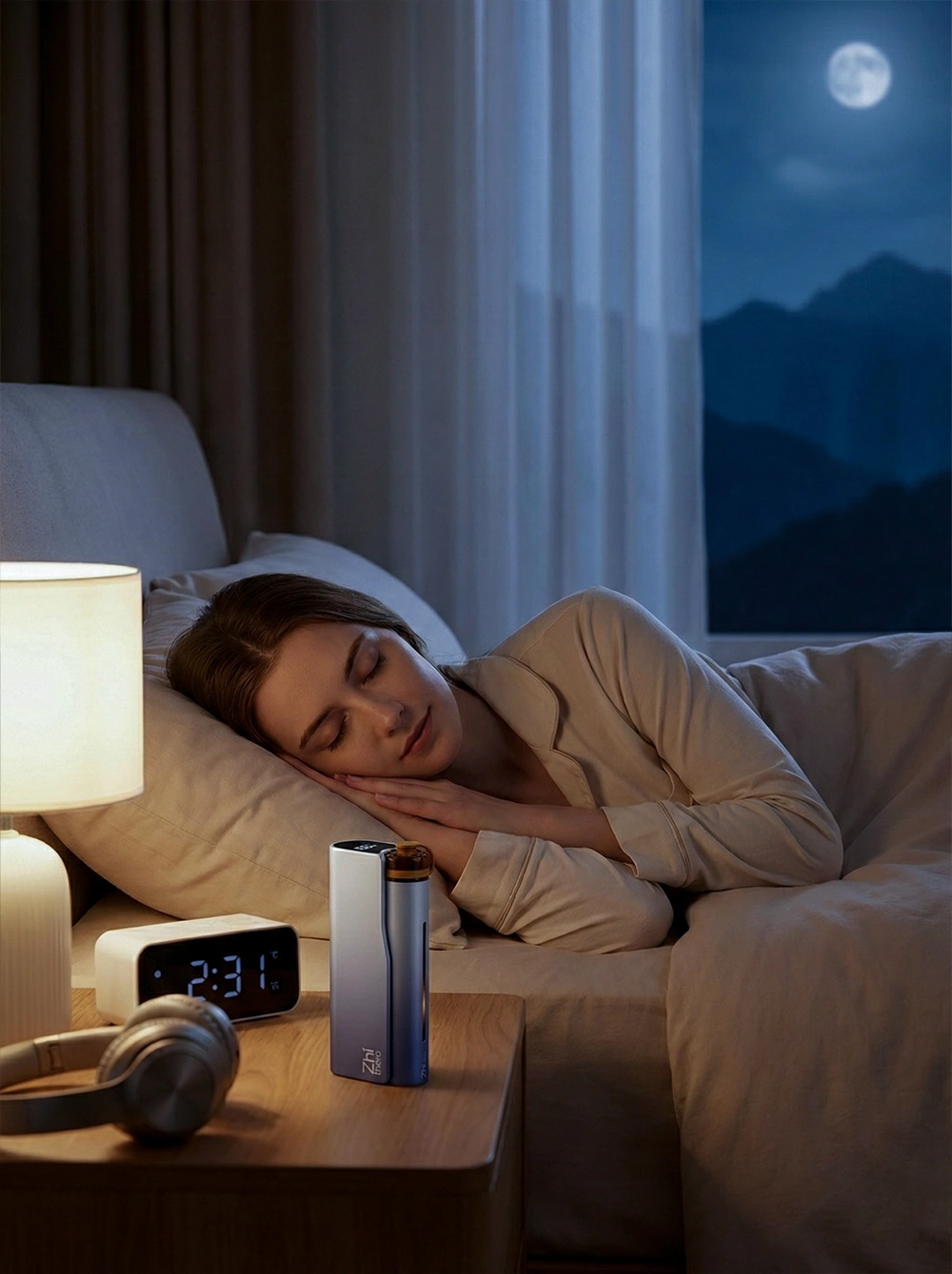 A calm, softly lit room with a diffuser at bedtime
