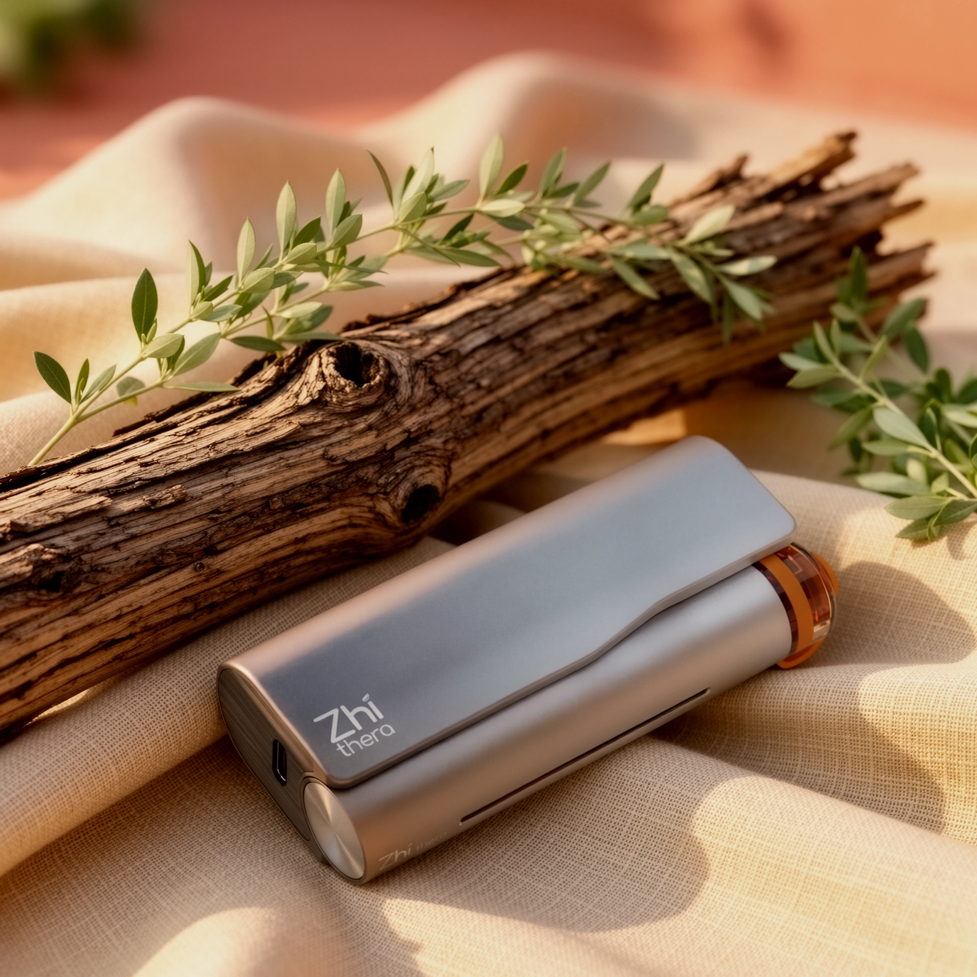 A silver “Zhi thero” portable aromatherapy diffuser rests on a beige linen fabric with a piece of weathered driftwood and…