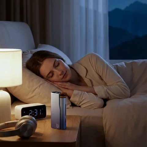 Zhithera D1 waterless diffuser on a nightstand beside a bed, alarm clock and headphones