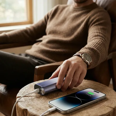 Zhithera D1 3500mAh waterless diffuser charging a smartphone on a wooden side table