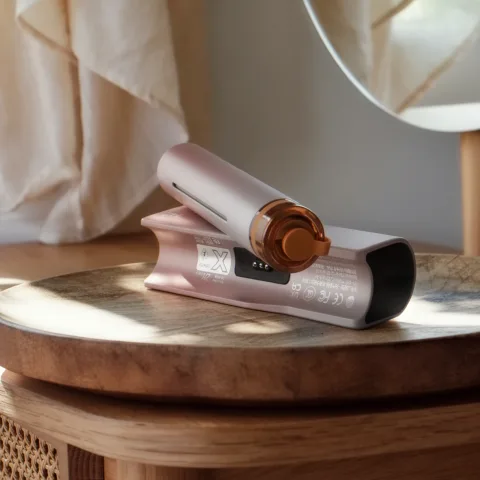 Rose-pink Zhithera D1 waterless diffuser on its side with display, on a round wooden table