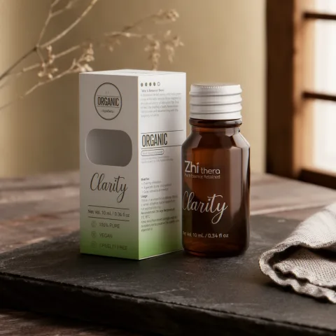 Zhithera 10 ml essential oil bottle and box labeled "Clarity" on a dark wooden table