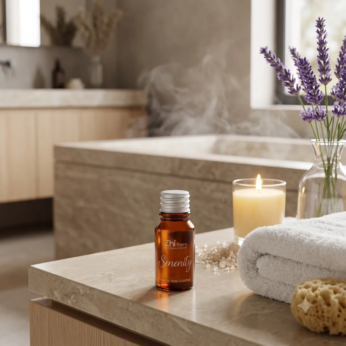 Zhithera 10 ml essential oil bottle labeled "Serenity" on a bathroom counter with lavender