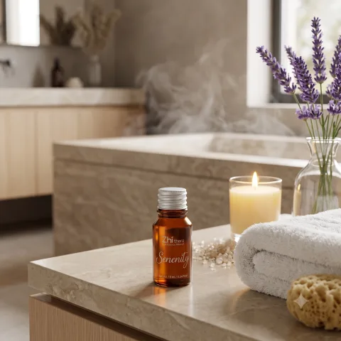 Zhithera 10 ml essential oil bottle labeled "Serenity" on a bathroom counter with lavender