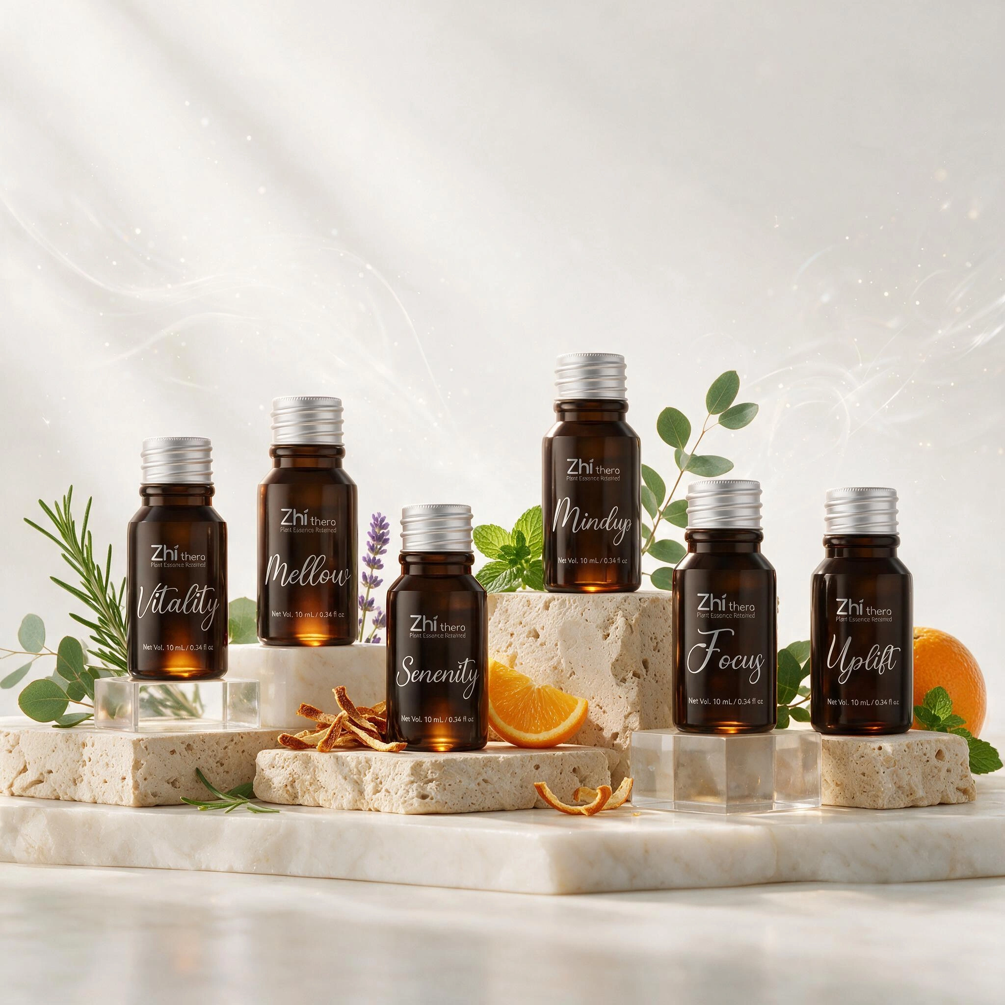 Six amber Zhi thera essential oil bottles labeled Vitality, Mellow, Serenity, Mindup, Focus and Uplift are displayed on la…
