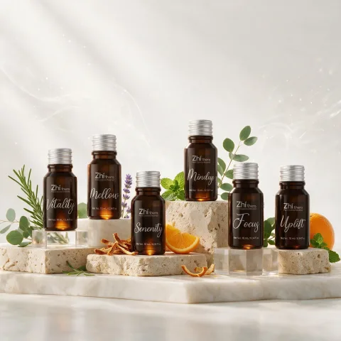 Six Zhithera 10 ml essential oils labeled Vitality, Mellow, Serenity, Mindup, Focus and Uplift
