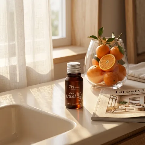 Zhithera 10 ml essential oil bottle labeled "Vitality" by a sink with a bowl of oranges