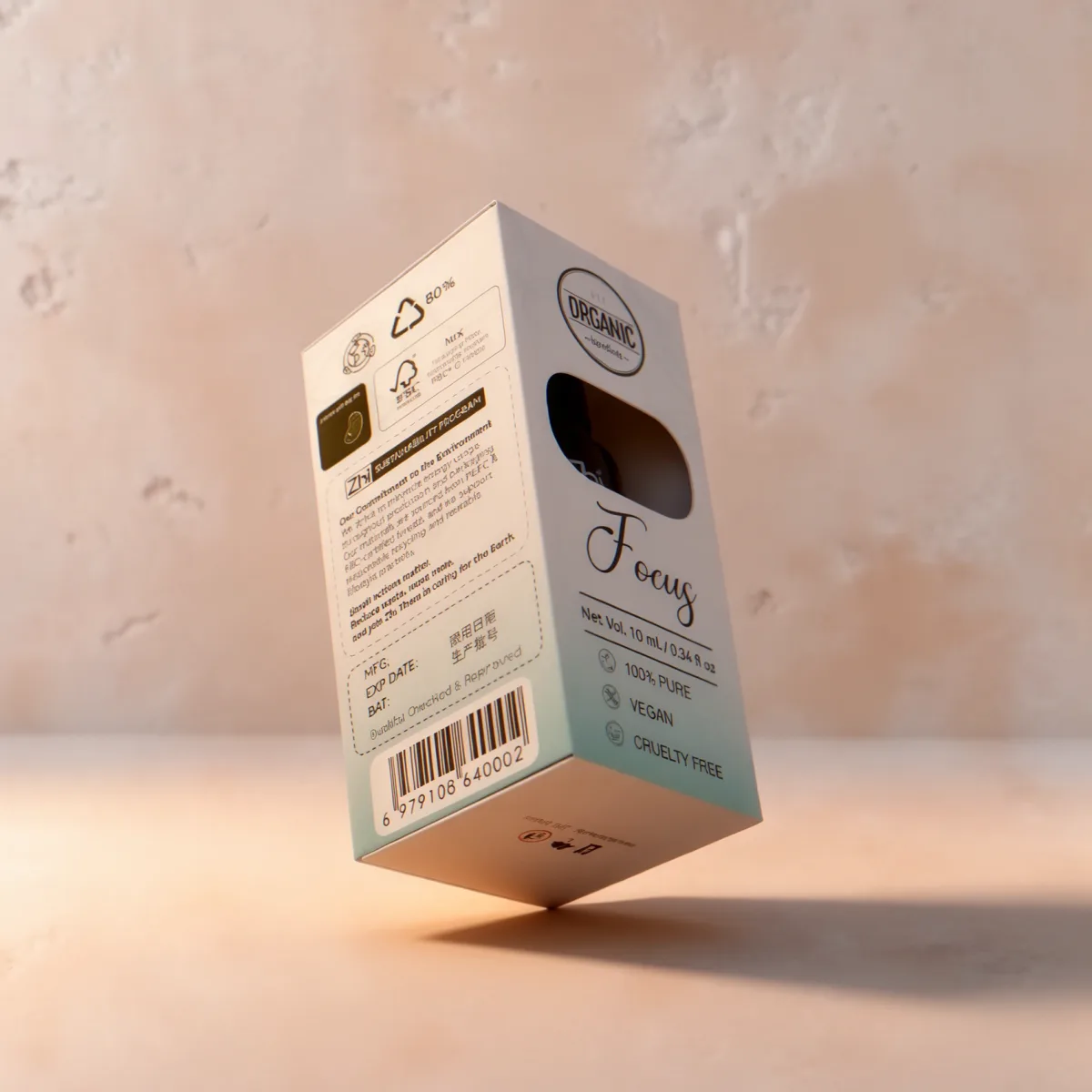 Zhithera 10 ml essential oil box labeled "Focus" with ingredient panel on a peach background