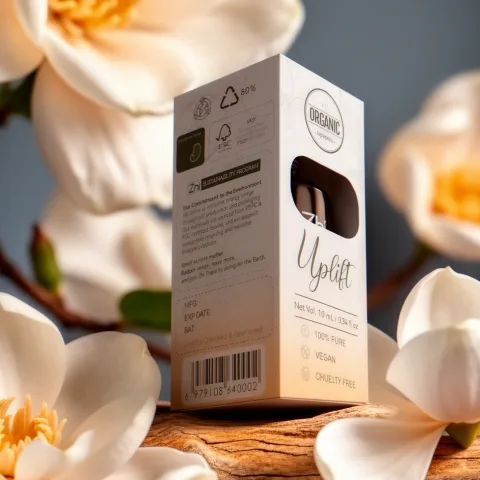 Back of a Zhithera 10 ml essential oil box labeled "Uplift" among white magnolia flowers