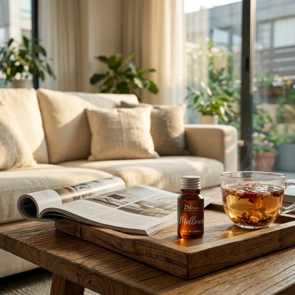 Zhithera 10 ml essential oil bottle labeled "Mellow" on a coffee table in a sunny living room