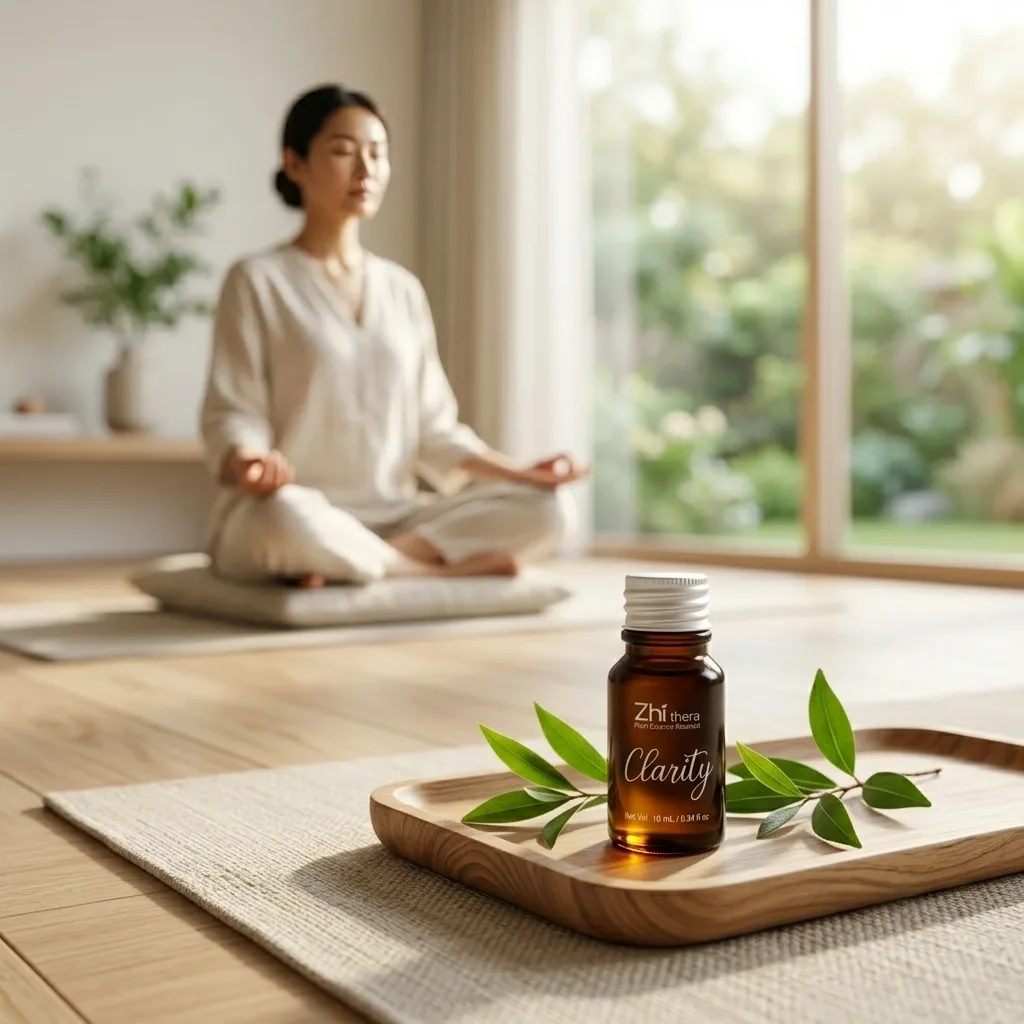 Zhithera 10 ml essential oil bottle labeled "Clarity" on a wooden tray with green leaves