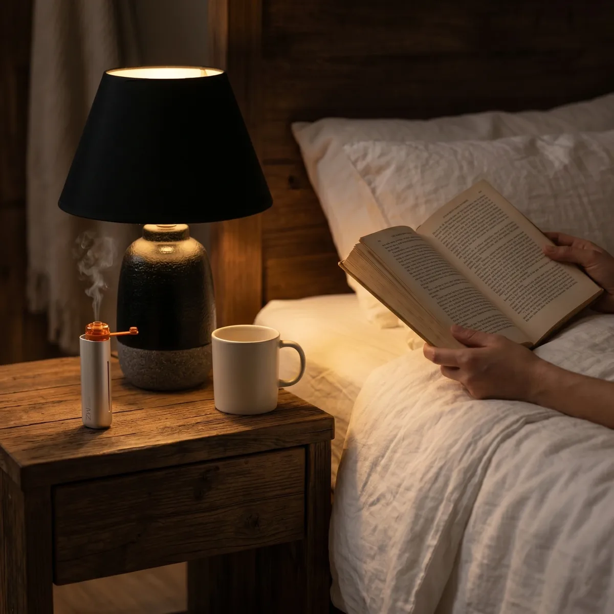 Zhithera D1 Mini waterless diffuser misting on a bedside table next to a lamp and mug