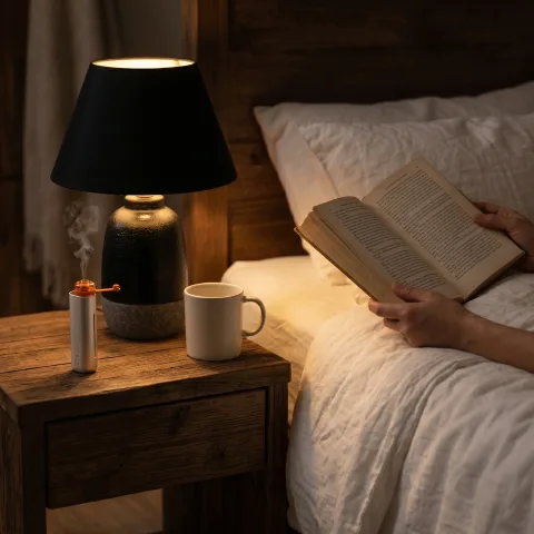 Zhithera D1 Mini waterless diffuser misting on a bedside table next to a lamp and mug