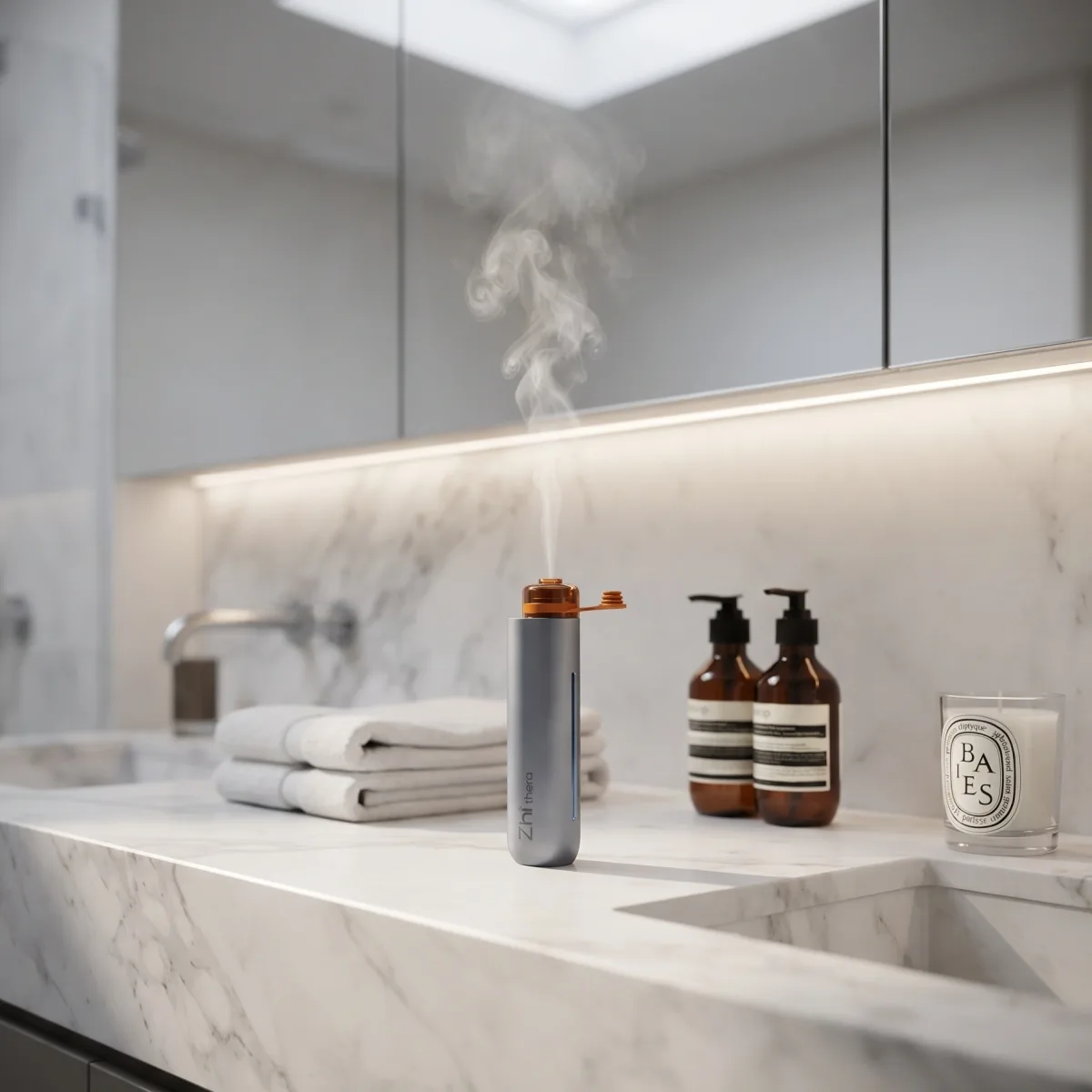 Zhithera D1 Mini waterless diffuser misting on a marble bathroom vanity with towels