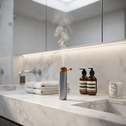 Zhithera D1 Mini waterless diffuser misting on a marble bathroom vanity with towels
