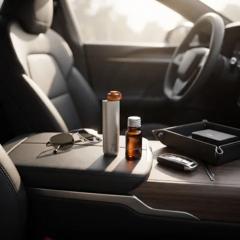 Zhithera D1 Mini car diffuser on a car armrest beside a 10 ml oil labeled "Mindup" and keys