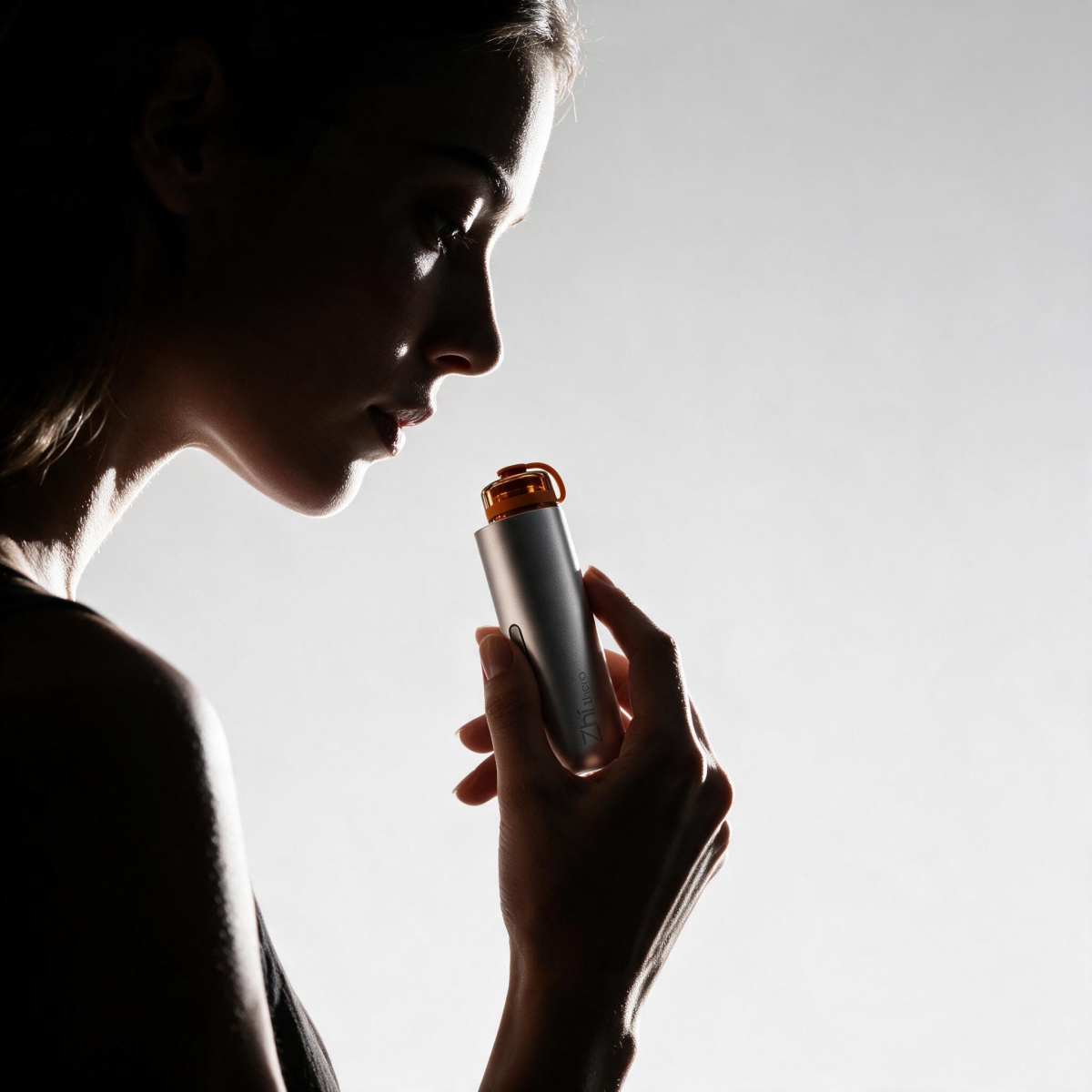 Silhouette of a woman holding the Zhithera D1 Mini portable diffuser near her face
