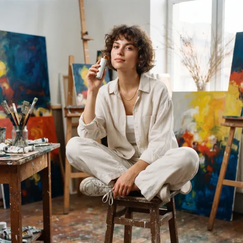 Woman in an art studio holding the Zhithera D1 Mini portable waterless diffuser