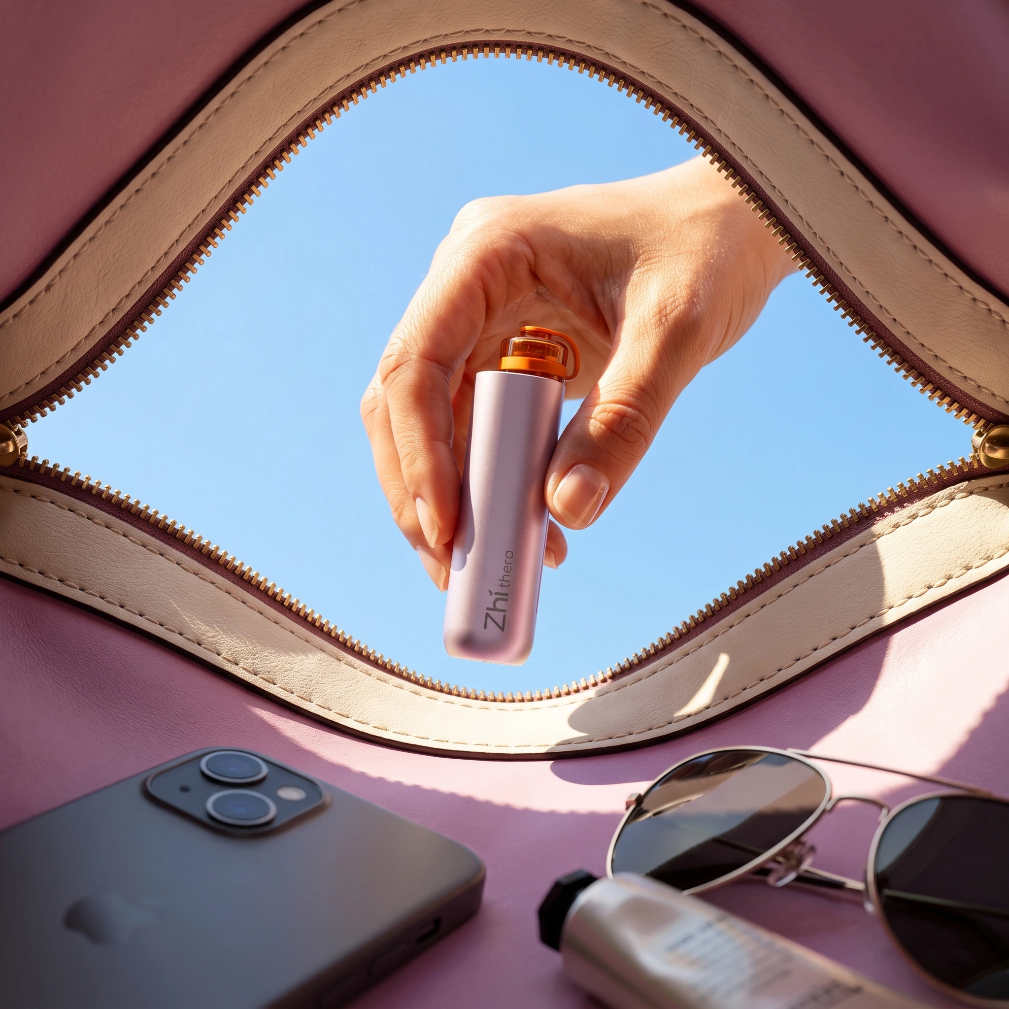 Zhithera D1 Mini waterless diffuser held above an open bag, small enough to take on the go
