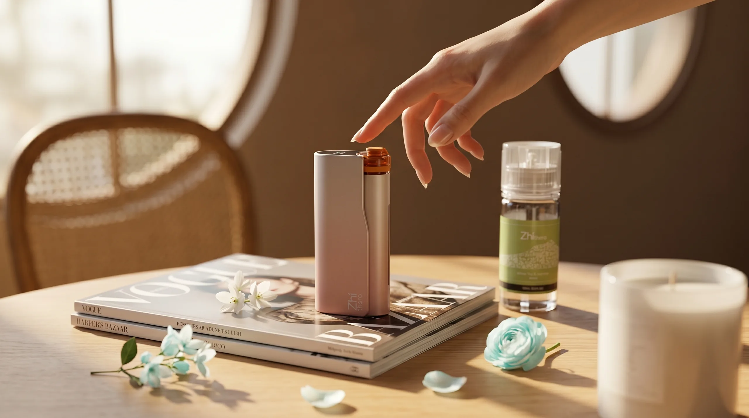 A hand reaching for a rose-gold portable aromatherapy diffuser on a sunlit wooden table with magazines