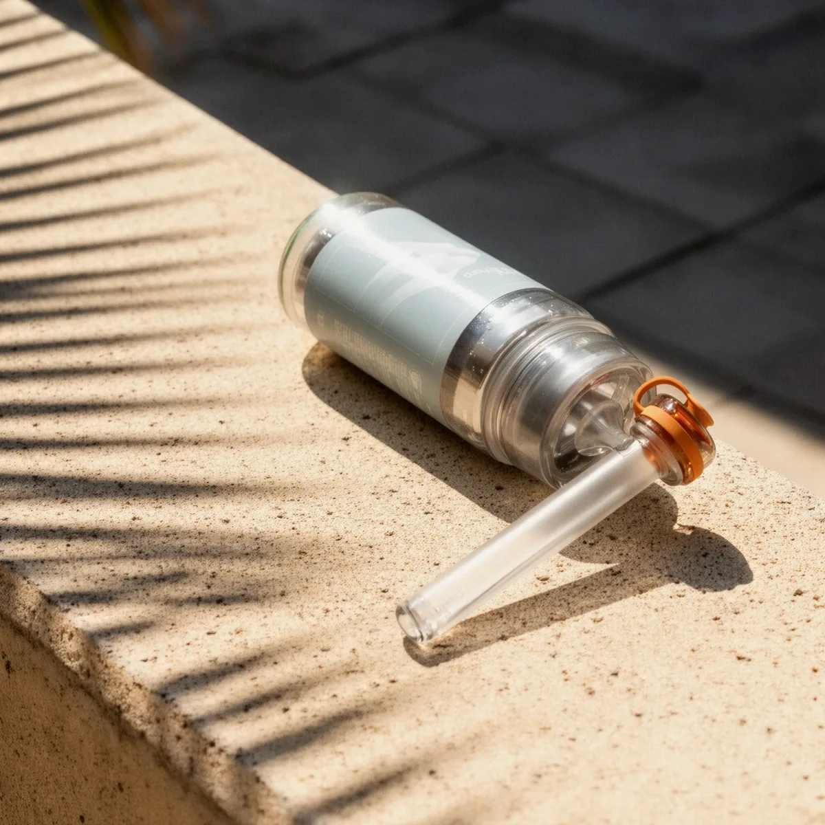 Zhithera 100 ml fragrance oil bottle and refillable cartridge lying on a sunlit stone ledge