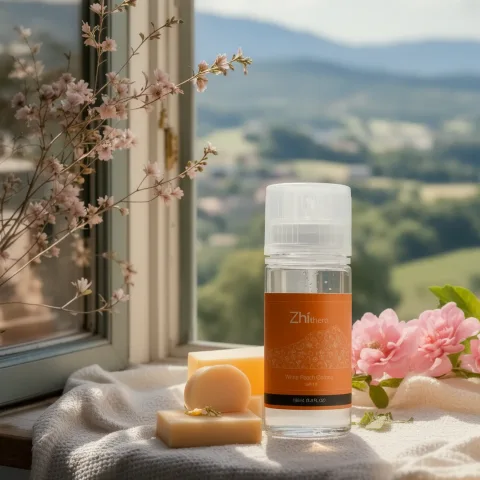 Zhithera 100 ml fragrance oil with orange label on a windowsill with soap and pink flowers