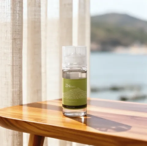 Zhithera 100 ml fragrance oil for waterless diffusers on a wooden table by a sea-view window