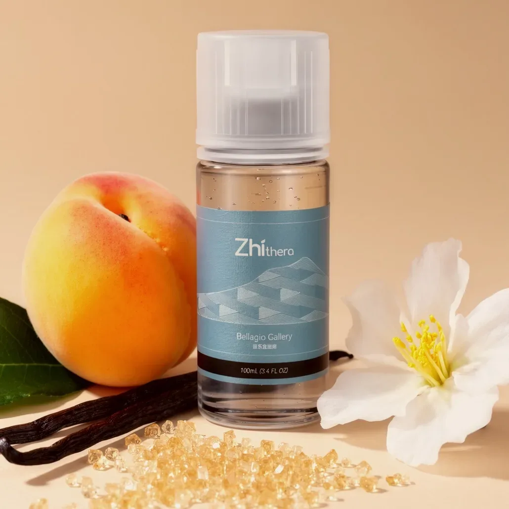 Zhithera Bellagio Gallery 100 ml fragrance oil bottle with a peach, vanilla pod and flower