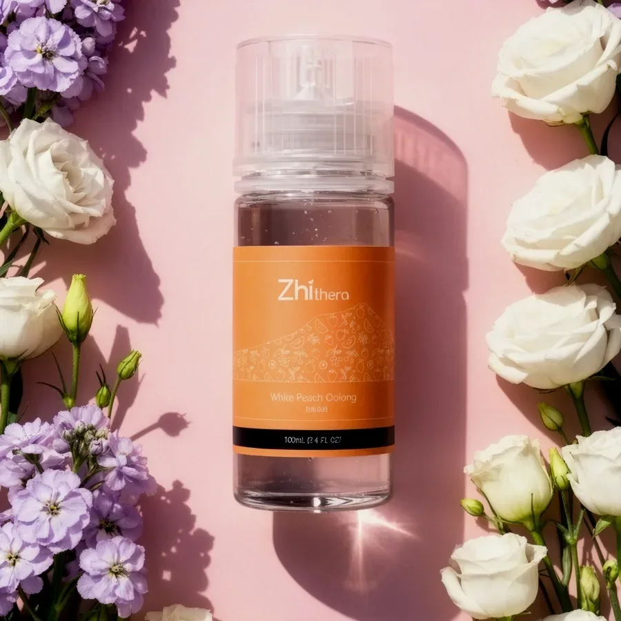 Zhithera 100 ml fragrance oil bottle with orange label on pink, framed by white roses and lilac