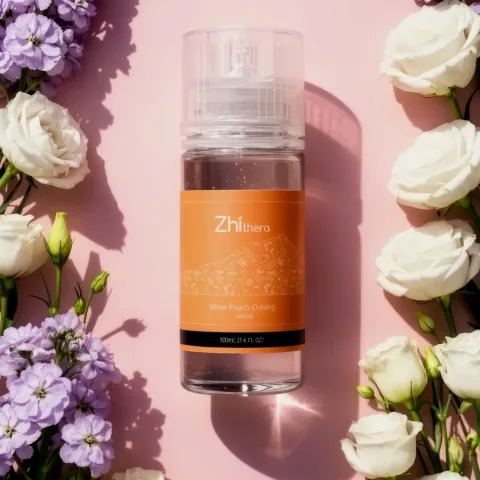 Zhithera 100 ml fragrance oil bottle with orange label on pink, framed by white roses and lilac