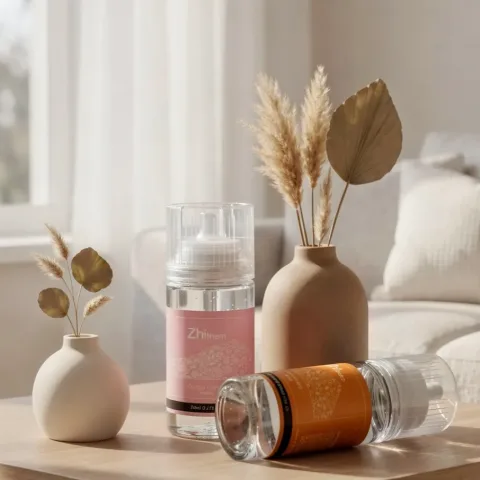 Two Zhithera 100 ml fragrance oil bottles among dried pampas and ceramic vases