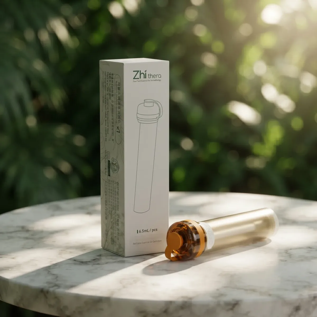 Zhithera 6.5 ml refillable cartridge with amber cap beside its box on a marble table