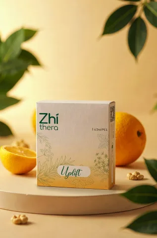 Zhithera refillable cartridge box labeled "Uplift" with botanical print beside halved oranges