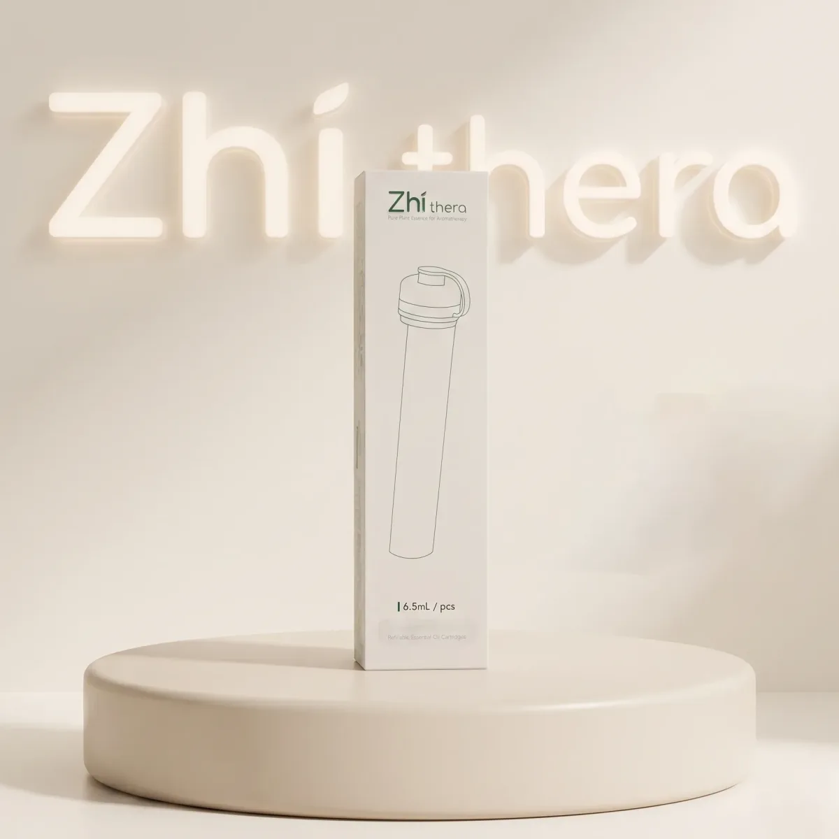 Zhithera 6.5 ml refillable oil cartridge box on a round white pedestal