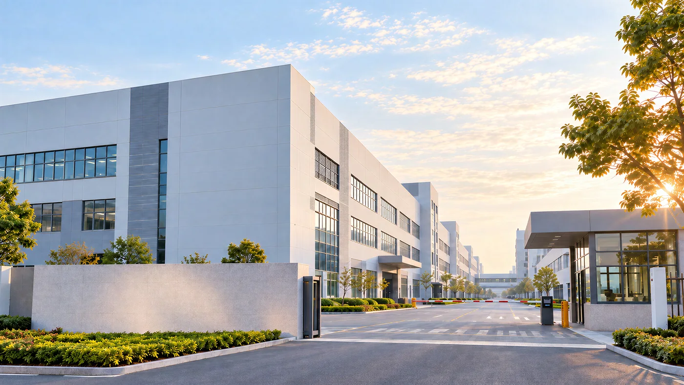 Industrial buildings and a landscaped entrance