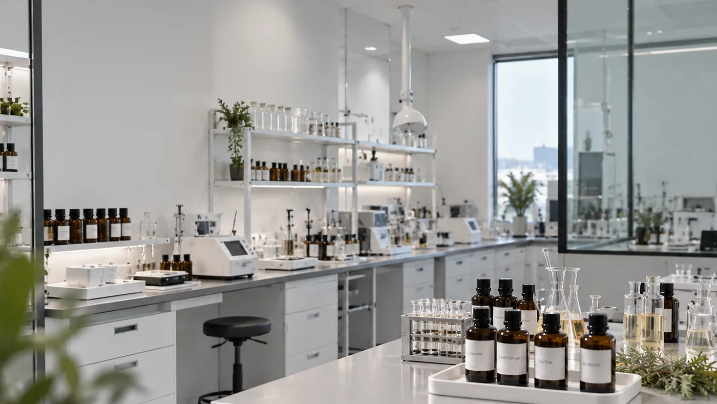 A fragrance laboratory with botanical oil bottles and glassware