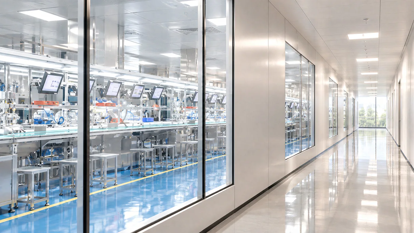Production equipment beside a bright glass-lined corridor
