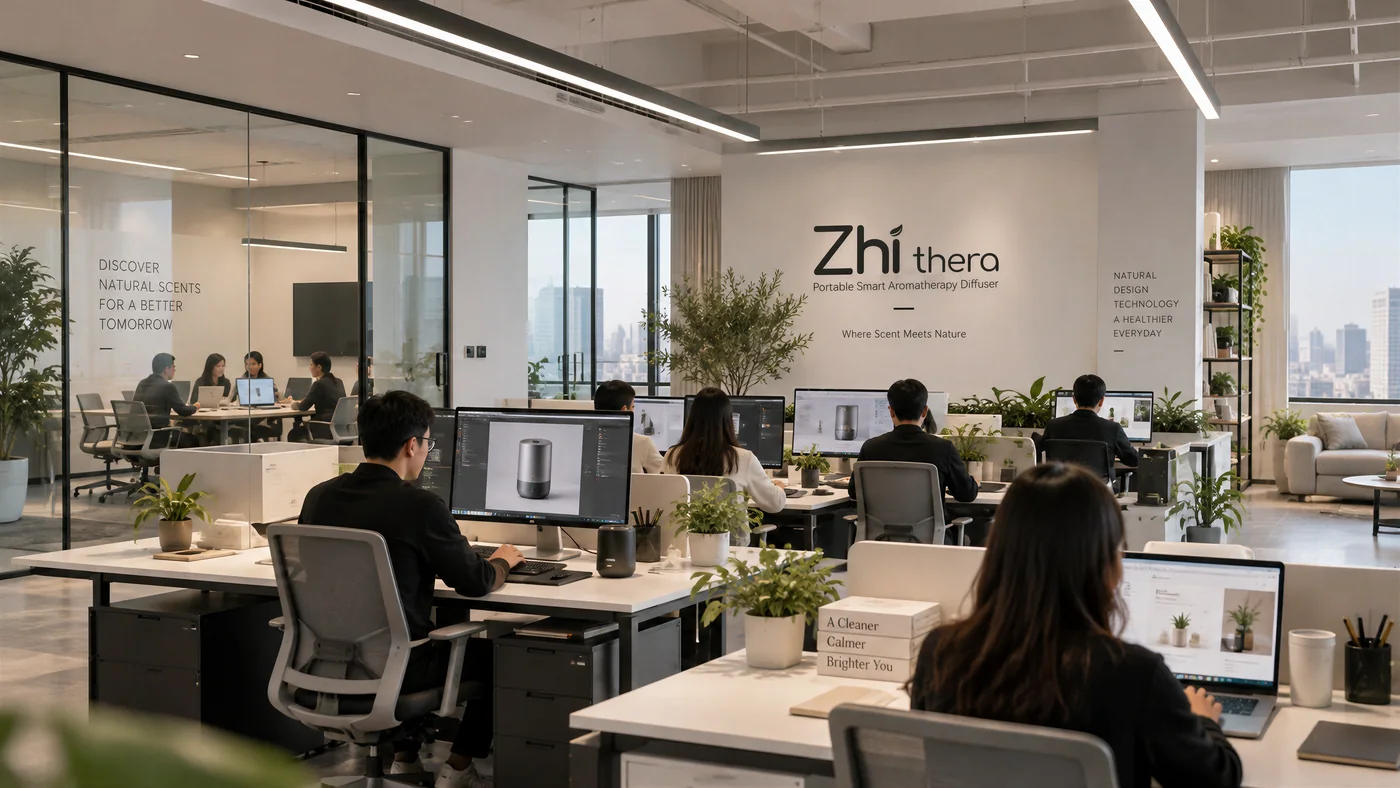 Zhithera-branded workspace with a product design team